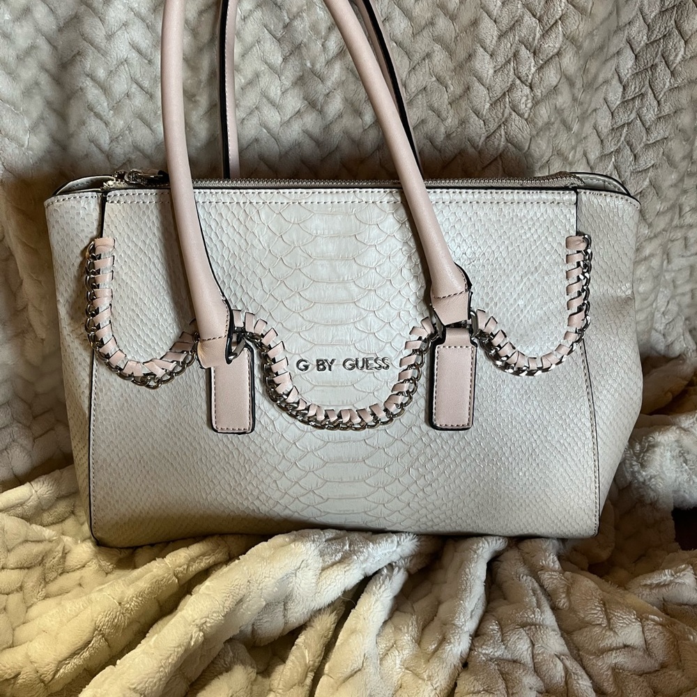 Guess Satchel Purse, bone color with blush pink straps. Great condition!